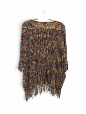 Tempo Paris Multicolor Open Knit Fringe Poncho Sweater Oversized Boho S/M